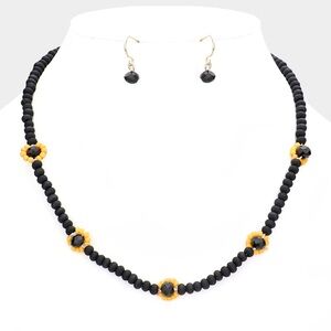 Faceted Floral Accent Wooden Beaded Necklace